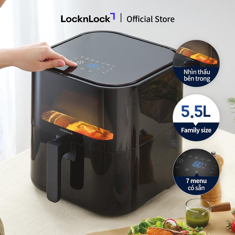 Nồi chiên không dầu LocknLock EJF996BLK - Dung tích 5.5L - Màu đen - Cửa kính cường lực trong suốt -Trang bị đèn LED - Điều khiển cảm ứng - 7 chế độ nấu cài sẵn - Giỏ chiên chống dính tháo rời