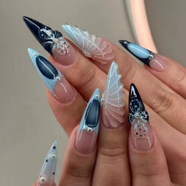Product Introduction of Mid-Length Ballet Nail Ice Transparent Pink Creamy Green Color Matching Nail Sticker Wear Nail Wholesale Finished Product 24 Pieces Nails 15