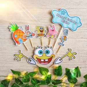 Topper Cake Karakter Spongebob (Gratis Custom Nama) untuk Dekorasi / Hiasan Kue Ulangtahun