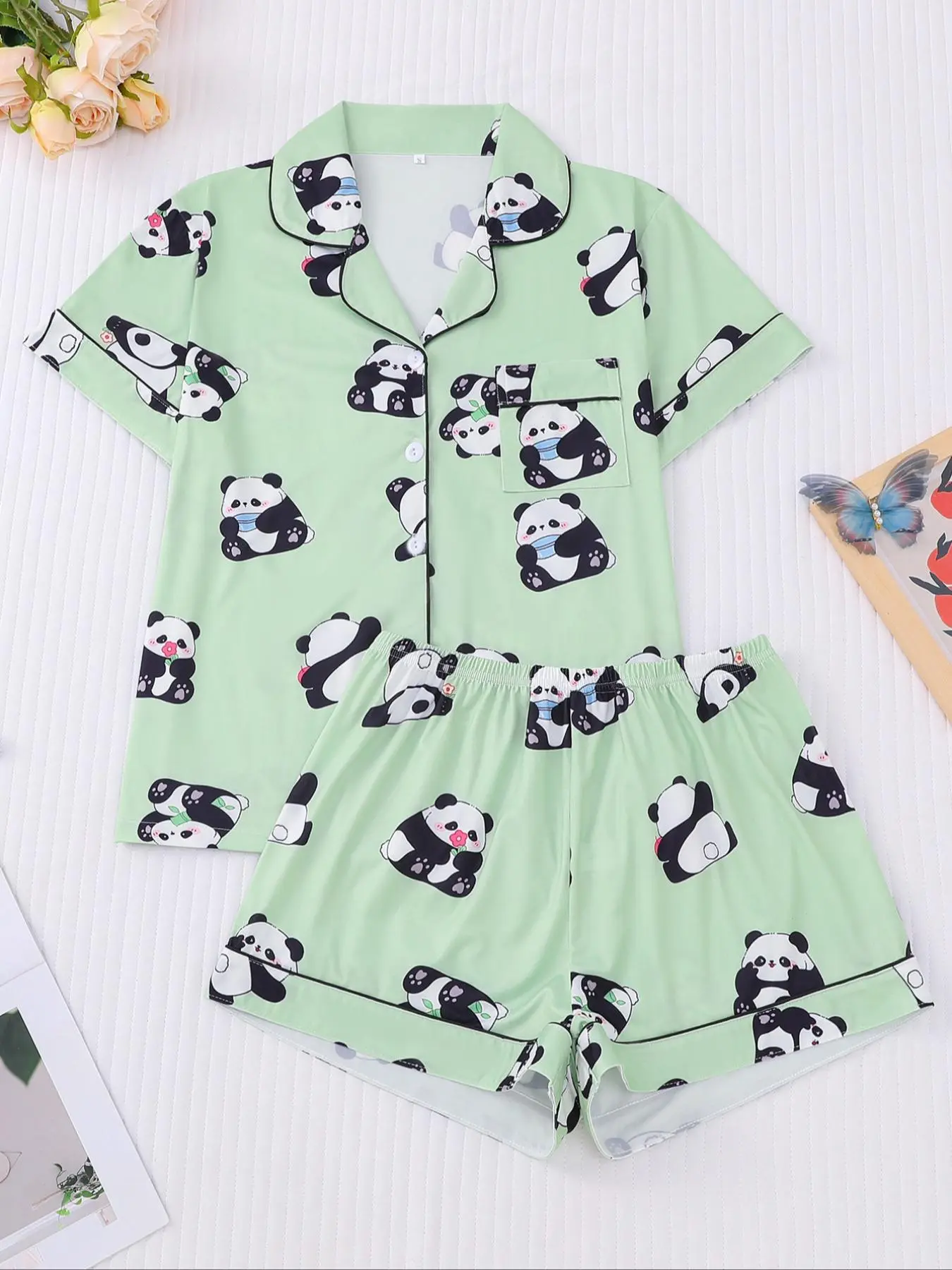 Women's All Over Panda Print Shirt & Elastic Waist Shorts Pyjama Set, Casual Comfy Short Sleeve Collared Top & Shorts PJ Set, Ladies Sleepwear for All Seasons, Pajamas