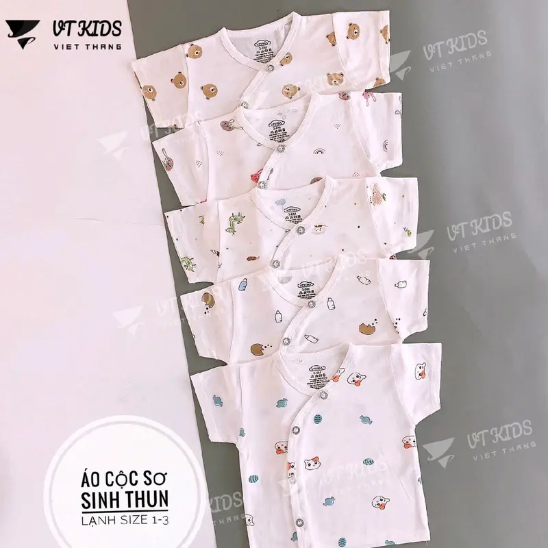 combo 5 Áo Thun Lạnh Ava Sơ Sinh Vạt Lệch Mầu Trắng Họa Tiết, Áo Cộc Tay Thun Lạnh Sơ Sinh 0