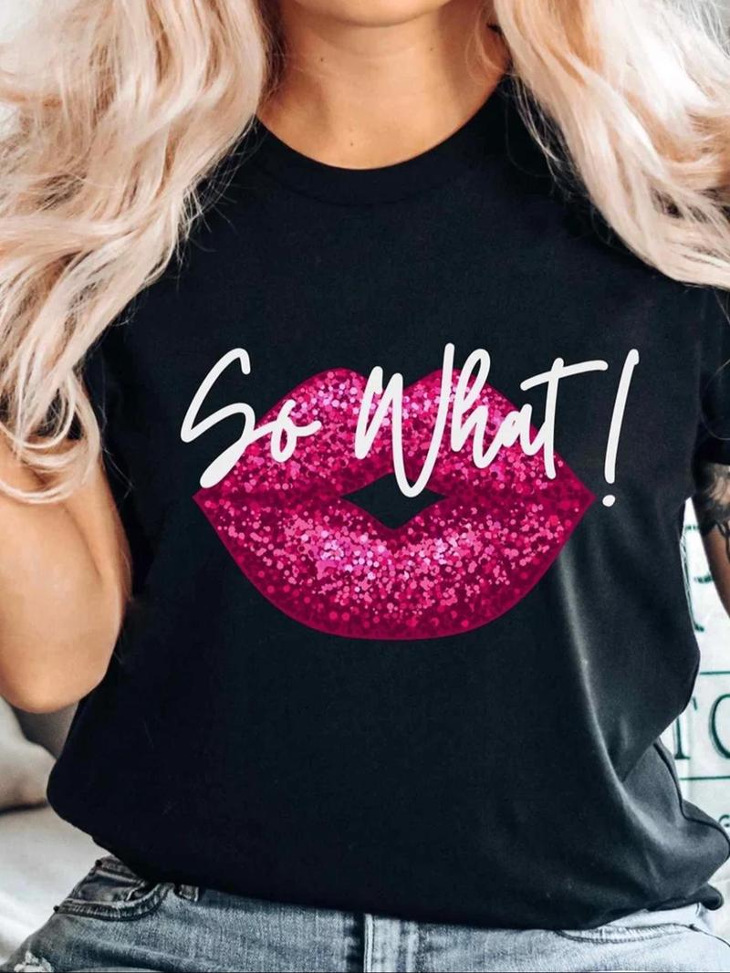 Product Introduction of Women's Lip & Letter Print Round Neck Tee, Music Festival Essentials Outfit, Fashion Casual Short Sleeve T-shirt for Daily Holiday Vacation Outdoor Wear, Ladies Summer Clothes 1