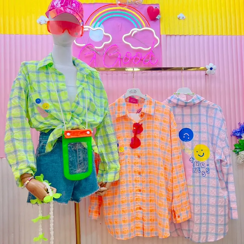 LUNE - Kemeja Smile Neon Kotak2 Import G Good D 593 2
