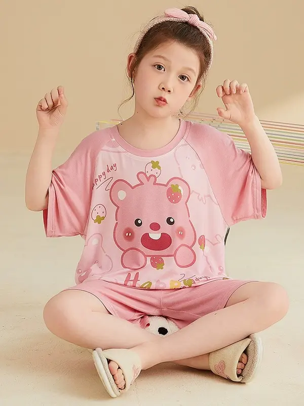 Bộ đồ ngủ trẻ em Happy cho bé gái 2024 mùa hè - 6 màu, cotton nguyên chất, tay ngắn bộpolobégái có thể giặt máy vừa in vừa in đồbộquầnsọccaro 12tuổi bộđồ blackpink 4