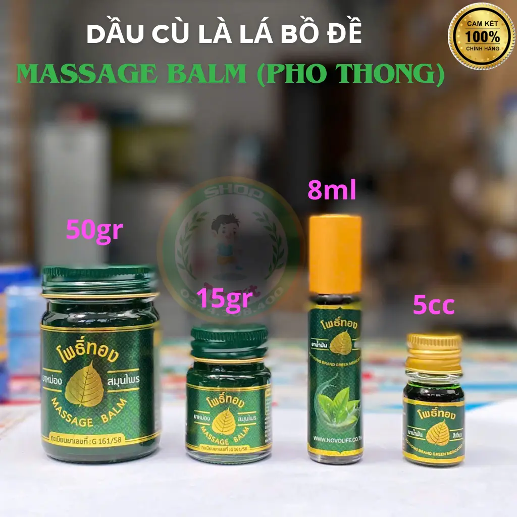 Dầu cù là lá bồ đề Poothong 15gr - bồ đề nắp vàng 5cc - đầu bồ đề massage 50gr hàng Thái Lan