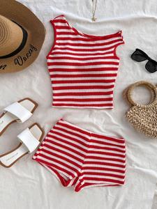 Conjunto de dos piezas de Camiseta sin mangas y Shorts con patrón de rayas para mujer, Top y Shorts casuales sin mangas para uso diario, Ropa de damas para todas las estaciones