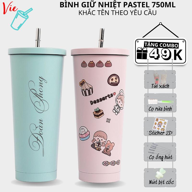 VIECUP Ly Giữ Nhiệt- Bình Giữ Nhiệt Pastel Inox 304 - Khắc Tên Theo Yêu Cầu Và Quà Tặng ( Ống hút, Cọ rửa ống hút, Nút bịt chống tràn, Túi xách trong, Cọ rửa bình, Sticker 2D )