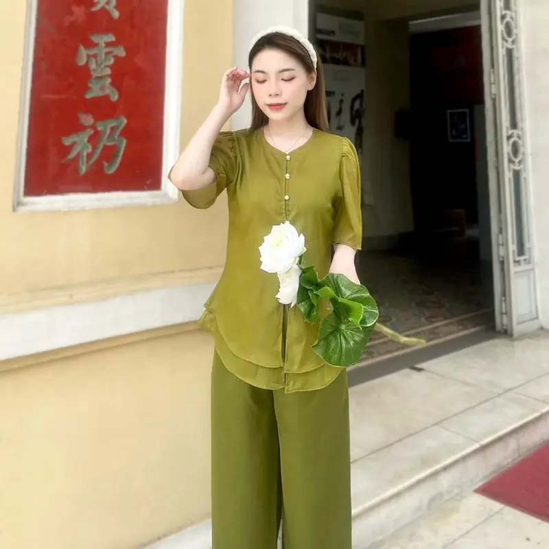 Nguyên Bộ Đồ Lam Đi Chùa -Mẫu Voan 2 lớp tay ngắn 1 Nữ Women Top-V1 4