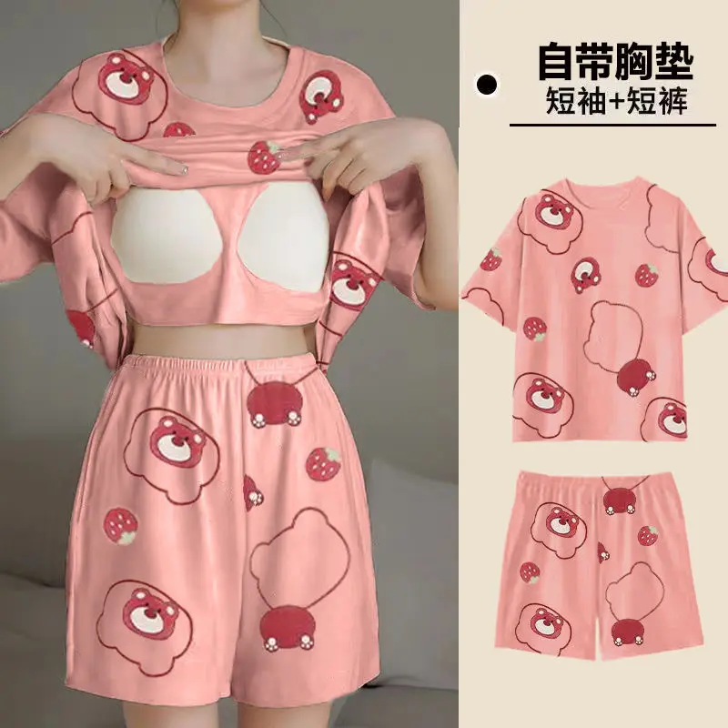 Women's Casual Pajamas with Chest Pads Short Sleeve Shorts Sweet Korean Cartoon