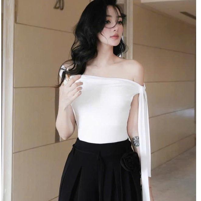 ÁO THUN LỆCH VAI ( KÈM TAG B,ƯỚM ) , thun bozip xịn, size S M có co giãn , 3 màu kèm dây cột Nữ Women Top