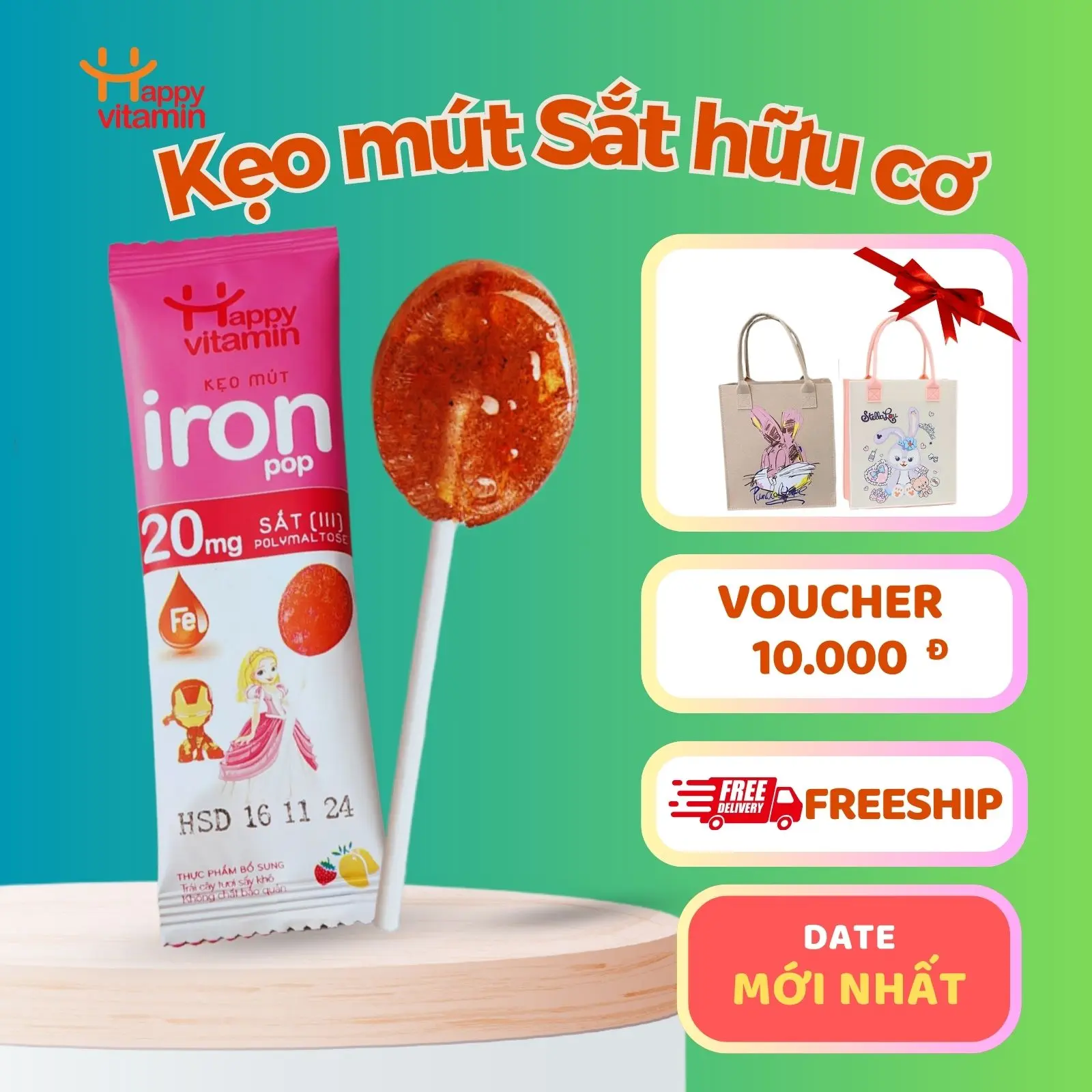 Kẹo mút bổ sung Sắt hữu cơ - Happy Vitamin kẹo tăng lực thuốc ferumpro trao đổi chất kẽm