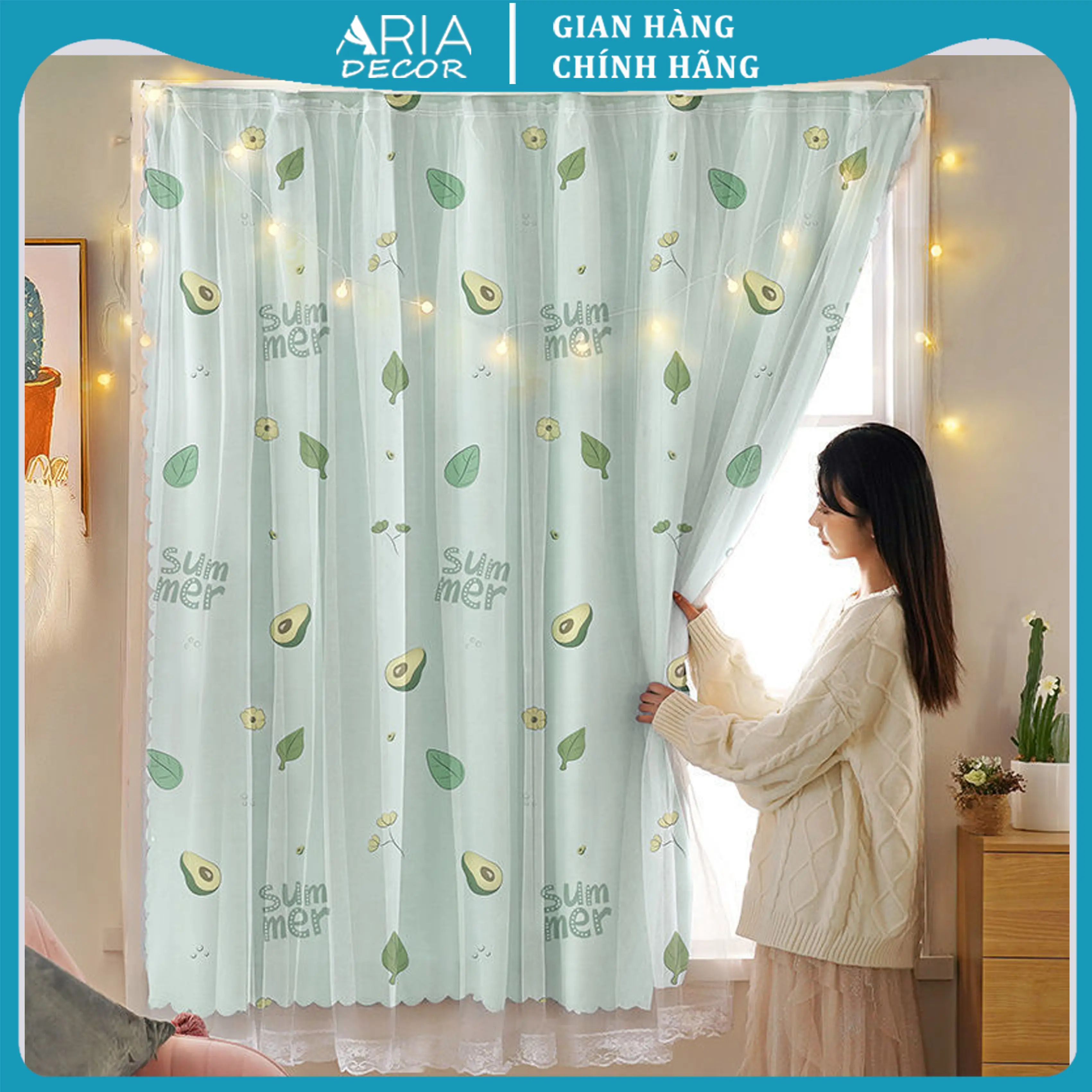 Rèm dán tường ARIA DECOR mẫu XANH BƠ không cần khoan đục tặng kèm miếng dán