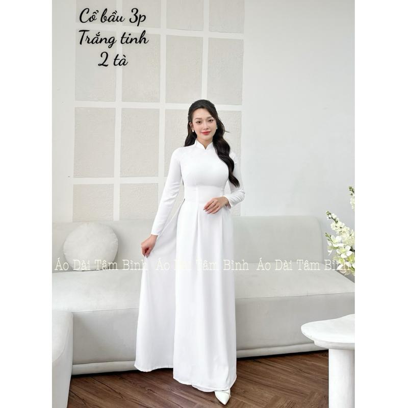 ÁO DÀI NỮ Truyền Thống, Màu  Trắng Tinh Và Trắng Kem, Cổ 3P Trơn, TAY DÀI, 2 Tà, Vải Lụa Thạch Anh Cao Cấp