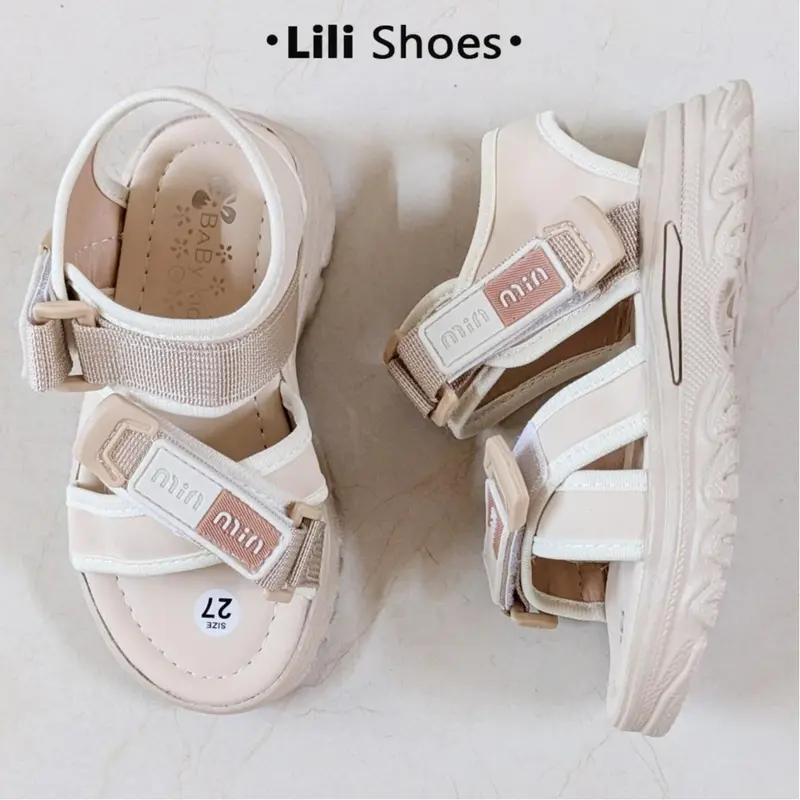 Size 27-34-Dép quai hậu đi học bé gái, đế chất PU bền nhẹ, quai da, phom đơn giản màu kem dễ phối đồ 0