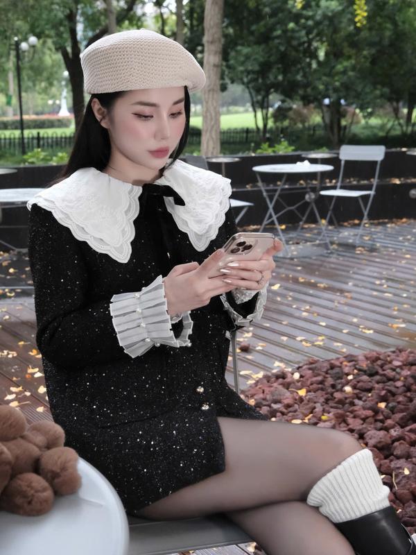 DBD627 - Áo khoác dạ kim sa phối cổ viền bèo ren trắng, đính nơ, màu Đen, chất liệu cao cấp, (LINH HOÀNG DESIGN), top, nữ, women