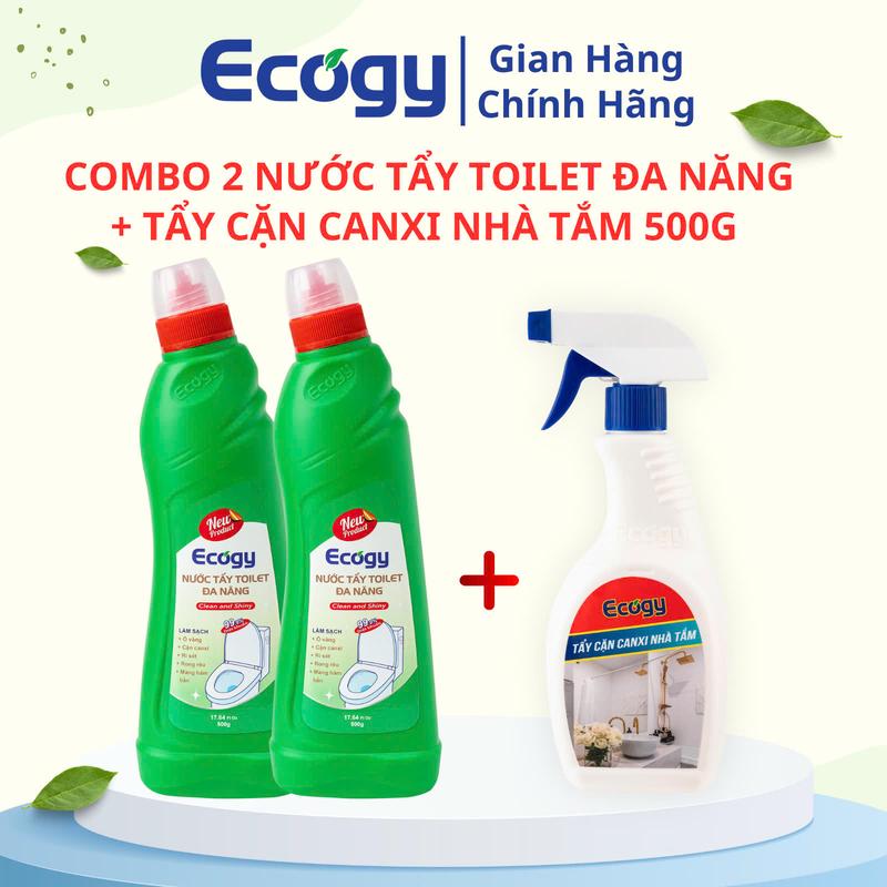 ECOGY ; COMBO 2 chai Nước tẩy Toilet đa năng 500g chai + Tẩy cặn canxi nhà tắm 500g; Hỗ trợ làm sạch bẩn cặn canxi ố vàng rỉ sét mốc trên bề mặt bồn cầu chậu rửa mặt vòi sen vách kính gương soi sàn & tường gạch. Sản phẩm dạng nước 3 chai x 500g