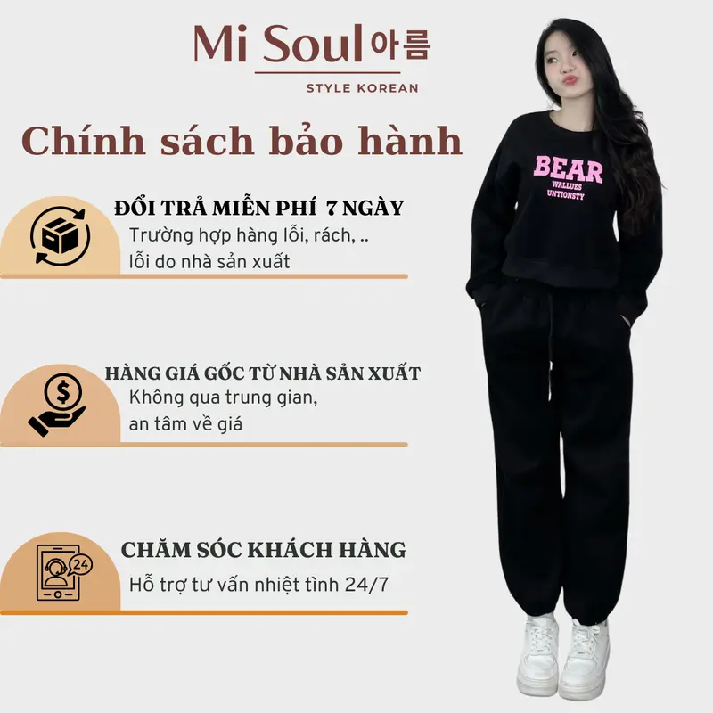Set Nỉ BEAR In Chữ Ngực Kèm Quần Chun Dây Rút Bo Gấu BigSize MiSoul, Bộ Áo Gấu Form Thụng 357 Nữ Kem 8