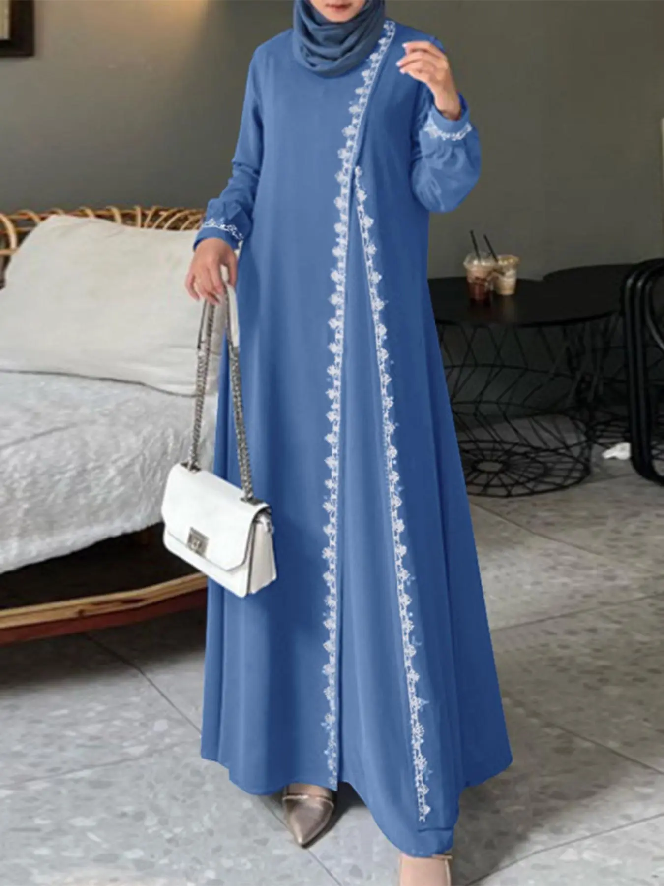 Women's Contrast Lace Long Sleeve Dress, Modest Elegant Faux Pearl Decor Keyhole Neckline Long Dress for Party Club Dating Wear, Women's Clothing for Fall & Winter, Dresses for Women