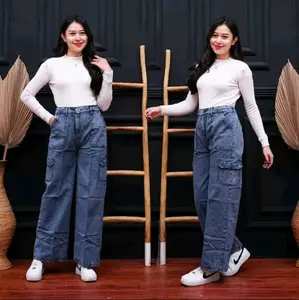 CELANA KULOT CARGO JEANS // KULOT HIGHWAIST WANITA // KULOT CARGO JEANS Panjang Nyaman Santai Loose Denim Biru