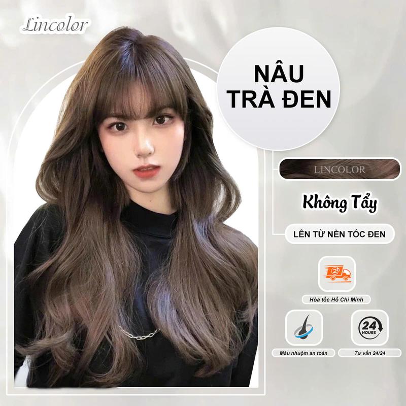 Thuốᴄ nhuộm tóc màu NÂU TRÀ ĐEN, LIN_COLOR, tặng kèm oxy trợ nhuộm và bao tay,trùm đầu, bịt tai đổi màu tóc Nữ Women