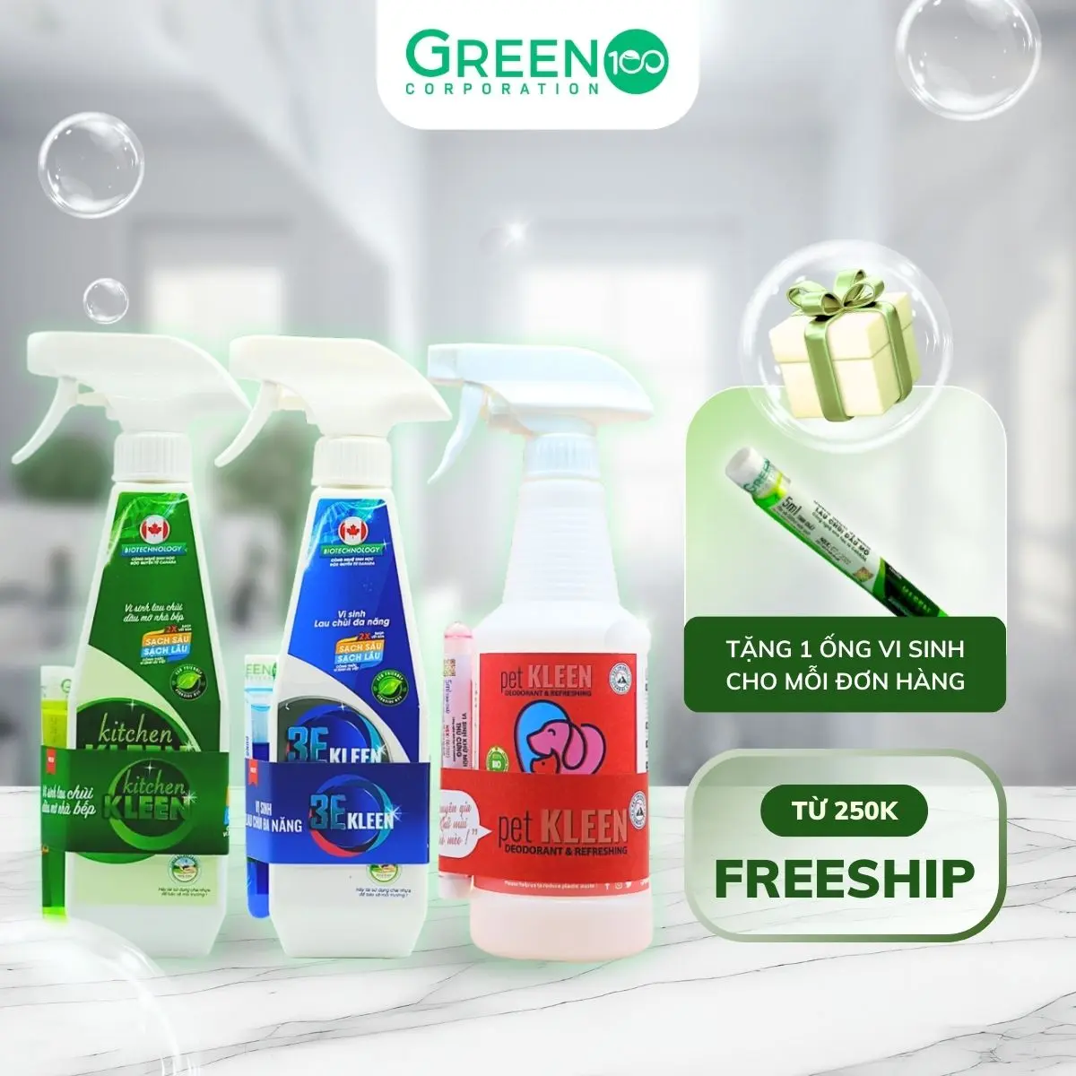 Combo Bộ 3 Thần Thánh Dọn Nhà Lau Chùi Dầu Mỡ Kitchen KLEEN & Đa Năng Làm Sạch Bề Mặt 3E KLEEN & Khử Mùi Thú Cưng Pet KLEEN