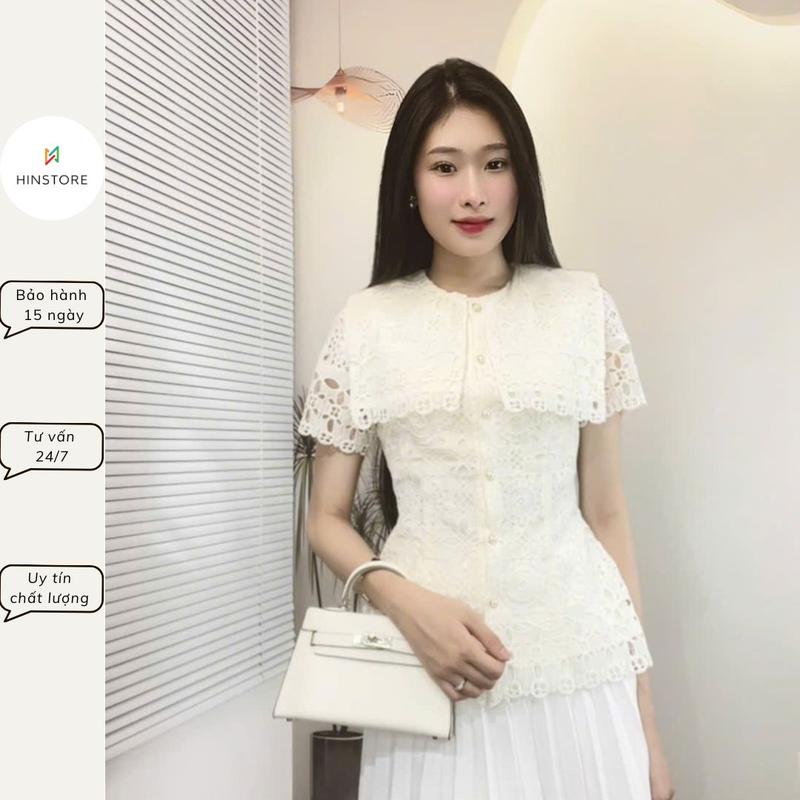 Áo sơ mi kiểu dáng peplum HINSTORE áo kiểu ren dáng ôm đáp vai thủy thủ vải ren cao cấp ngắn tay 308