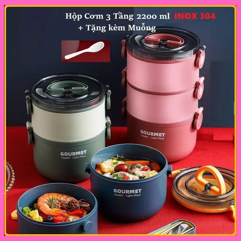 [Cao Cấp] Hộp Đựng Cơm/Camen Giữ Nhiệt 3 Tầng 2200ml Lõi Inox 304 + Tặng Kèm Muỗng 0