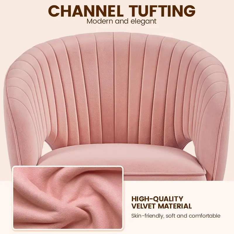 Deluxe Velvet Desk Chair, Makeup Vanity Chair with Tufted Barrel Back Adjustable Velvet Accent Armchair Swivel Office Chair for Home Office Pink 7