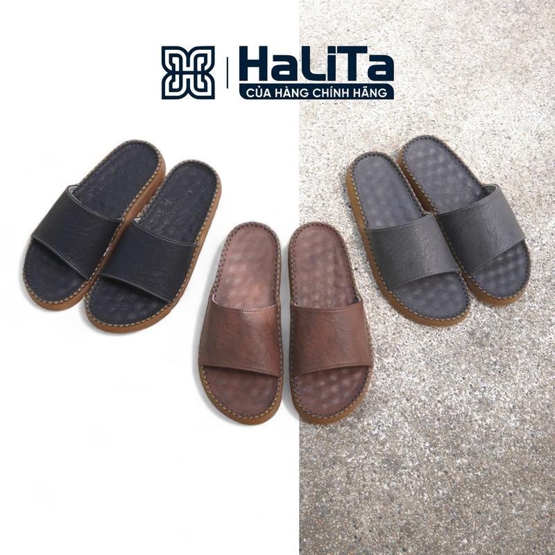 Dép Mát Sa Chân Da Nhúm HaLiTa Quai Ngang Trơn đế cao su êm chân . Slipper DéP Nam Đế Bằng
