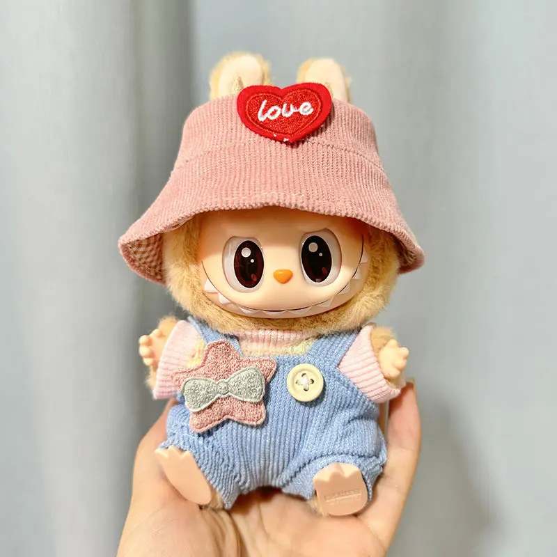 LABUBU MACARON baju 17CM POPMART Overall + topi merah muda BONEKA BAJUNYA  pop mart kostum pakaian boneka  Dolls 1