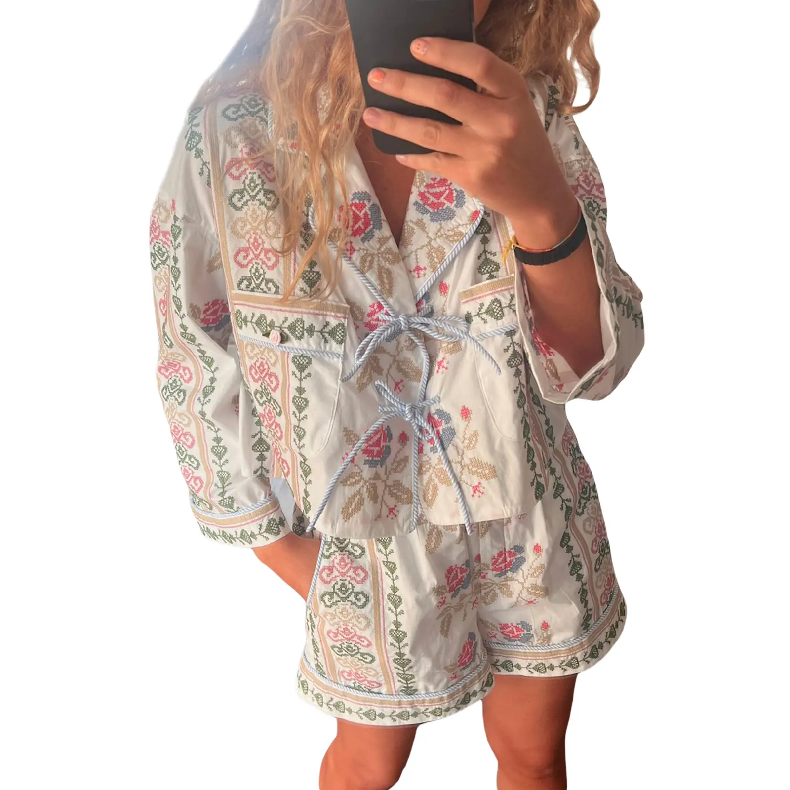 Women's 2 Piece Casual Outfits Long Sleeve Floral/Stripe Print Tops Wide Leg Shorts Sets Pants Womenswear
