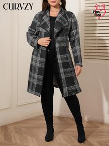 CURVZY Plus Size Plaid Print Belted Coat, Casual Long Sleeve Pocket Outerwear for Fall & Winter, Women's Clothes for Daily Wear