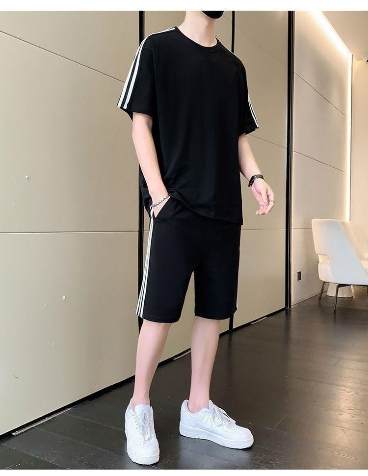 Product Introduction of Summer Men's Fashion Set Trendy Full Set Casual Loose Stylish Shorts Set One Complete Set with Three Stripes Sports 8