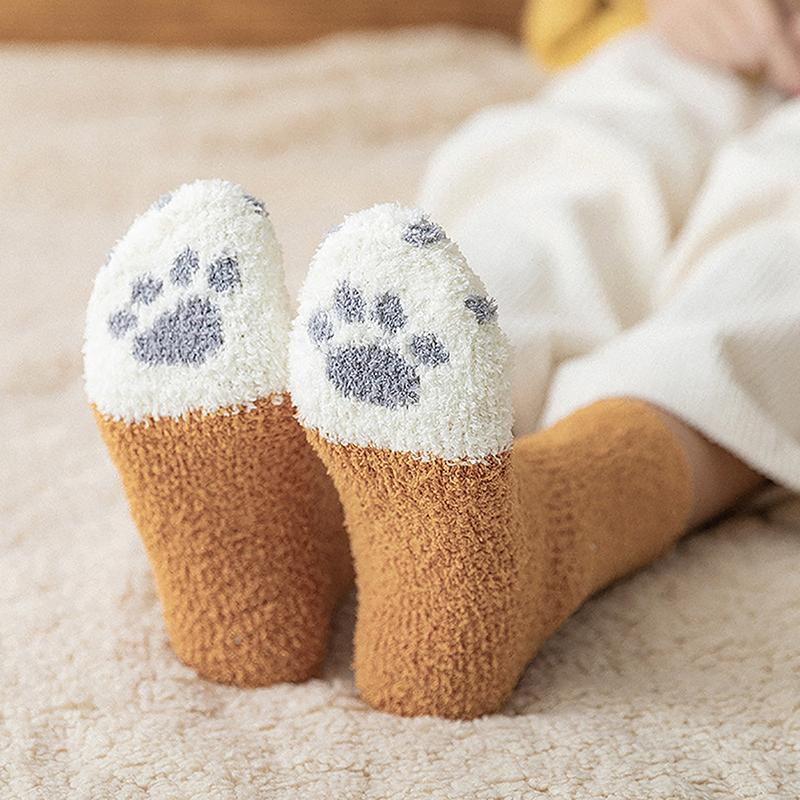 Product Introduction of Winter New Striped Cartoon Cat Claws Warm Thickened Sleeping Socks For Women 16