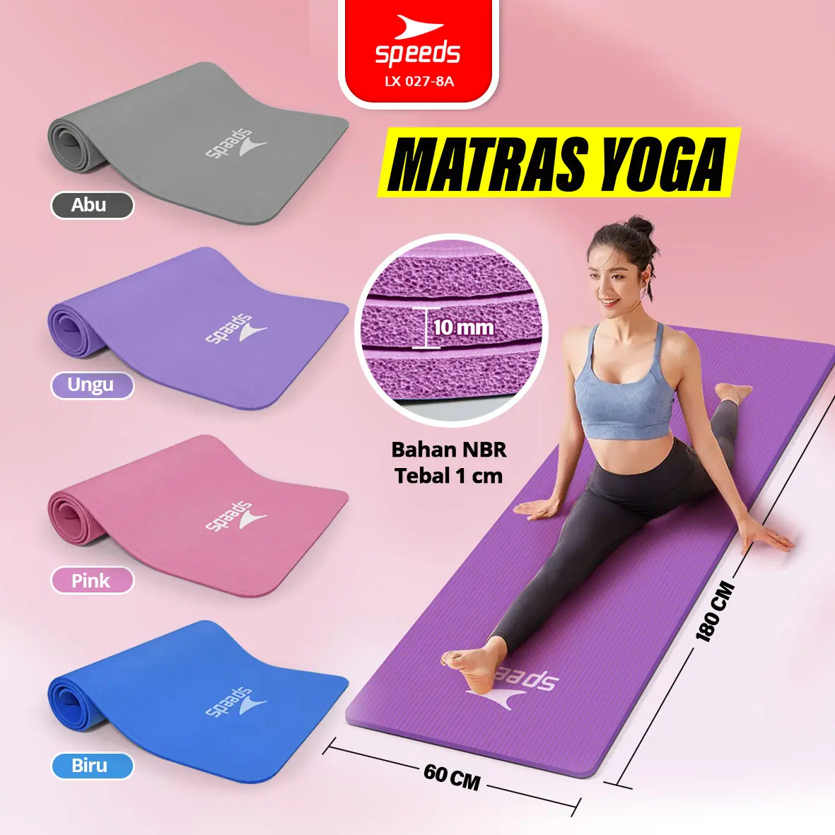 SPEEDS Matras Yoga Busa NBR 10mm Anti Slip Yoga Mat 180x60 cm Alas Pilates Gym SNI 027-8A