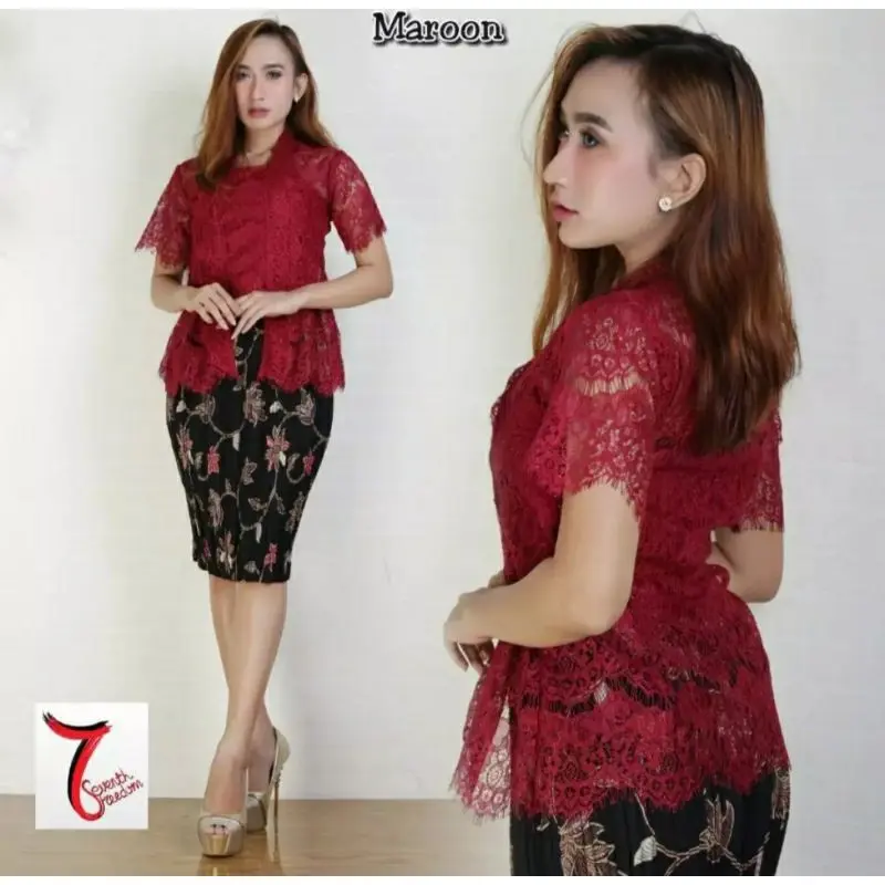 Stelan Kebaya Brukat Kutubaru / Kebaya Bali dan Rok Plisket Pendek / Setelan Kebaya Kutubaru Brukat / Kebaya Wisuda / Kebaya Modern / Kebaya Kondangan / Kebaya Pesta / Kebaya Jumbo / Kebaya Natal / Kebaya Warna Marun Merah Moka Silver Abu Navy