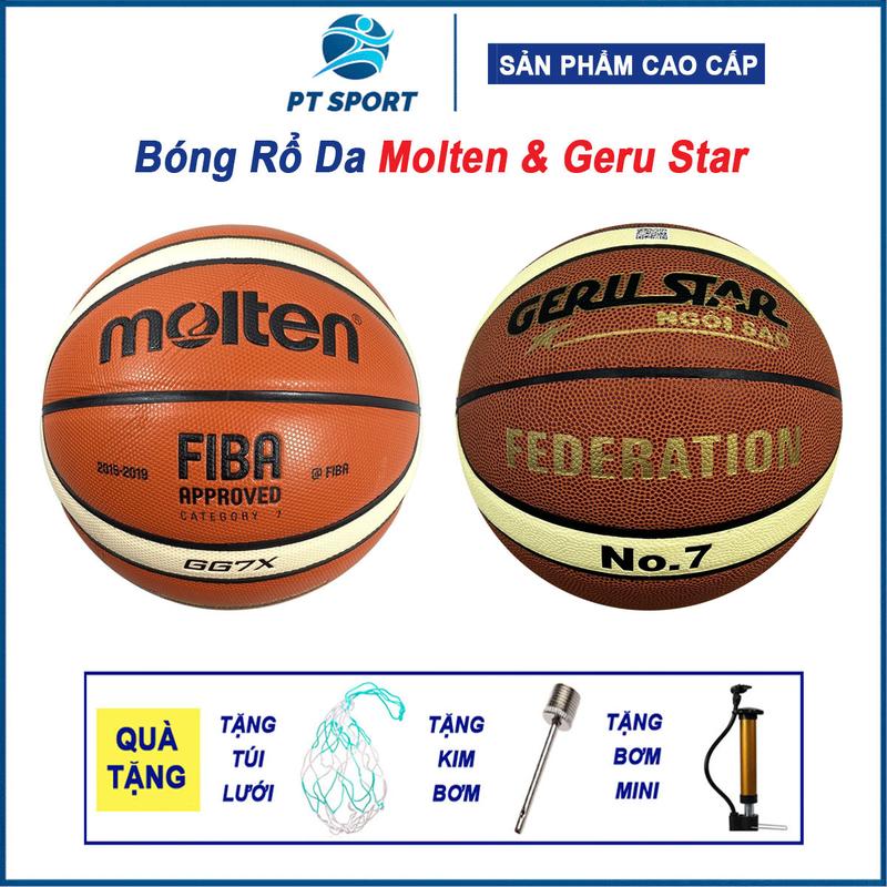 [ TẶNG BƠM ] Quả bóng rổ Da cao cấp, Molten, Geru Star, Da PU đạt tiêu chuẩn thi đấu Phù Hợp Sân Outdoor Indoor Nam Cao Su Sport
