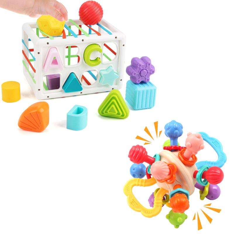 Baby Montessori Toy, Baby Sensory Toy, Early Education Toy, 1 Box Manhattan Teether Ball & 1 Box Stacking Blocks Toy, Educational Toy for Kids 0