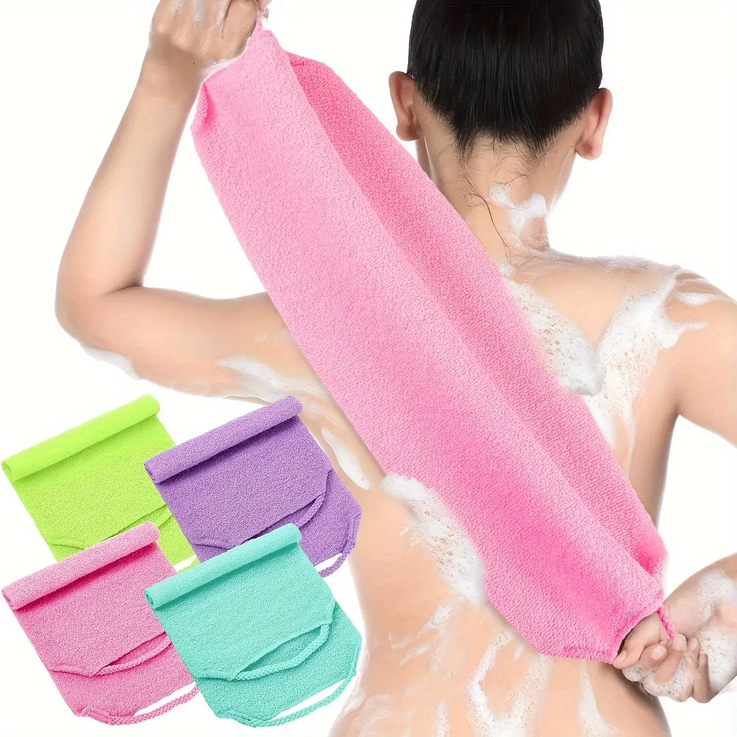 Găng tay tẩy tế bào chết lưng, 4 gói, Nylon co giãn, Vải chà cơ thể hai lớp, có tay cầm, thích hợp để tắm, làm sạch và mát xa da, Vải lau khô nhanh, dành cho nam và nữ
