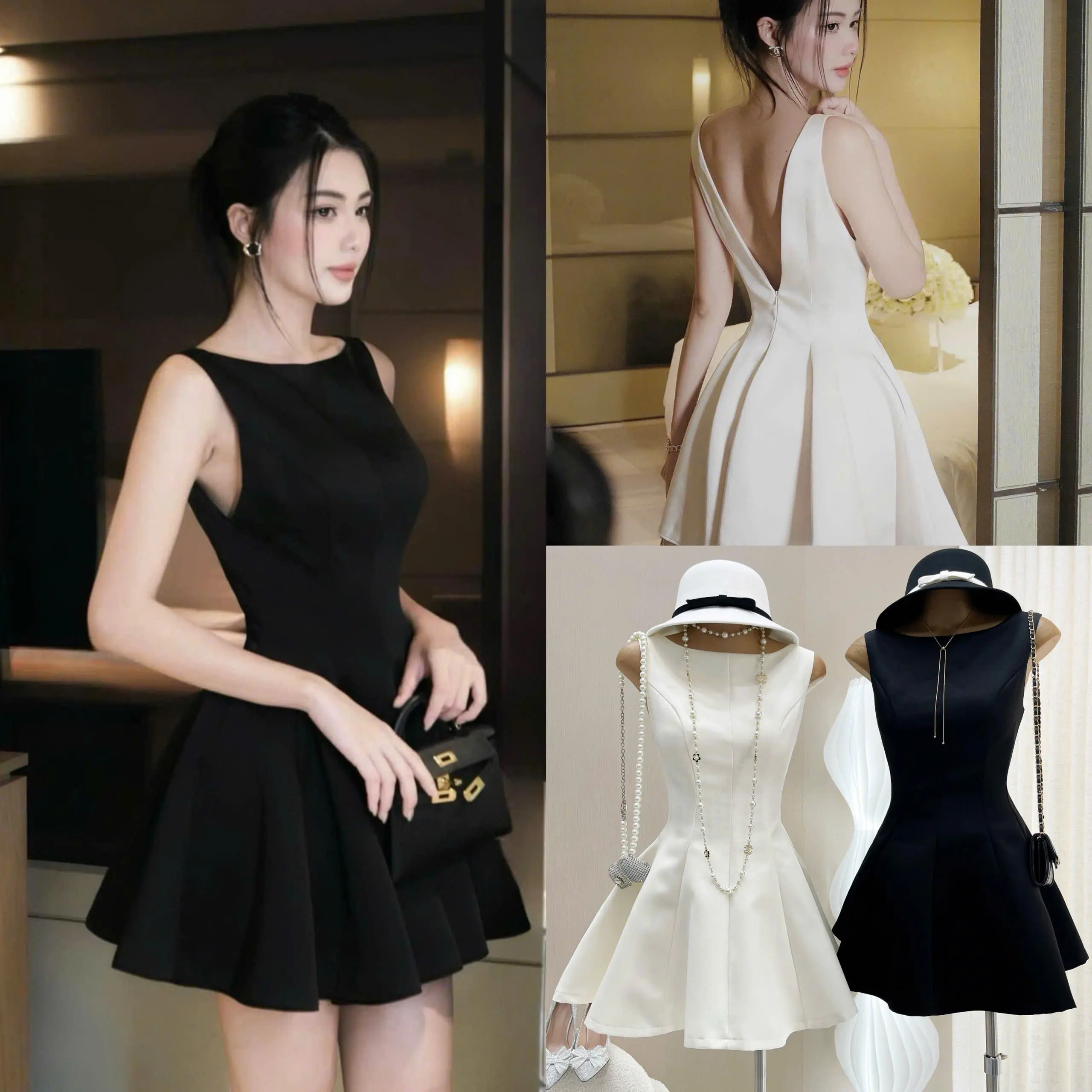 Đầm thiết kế hở lưng sang trọng có mút ngực 2 màu đen kem