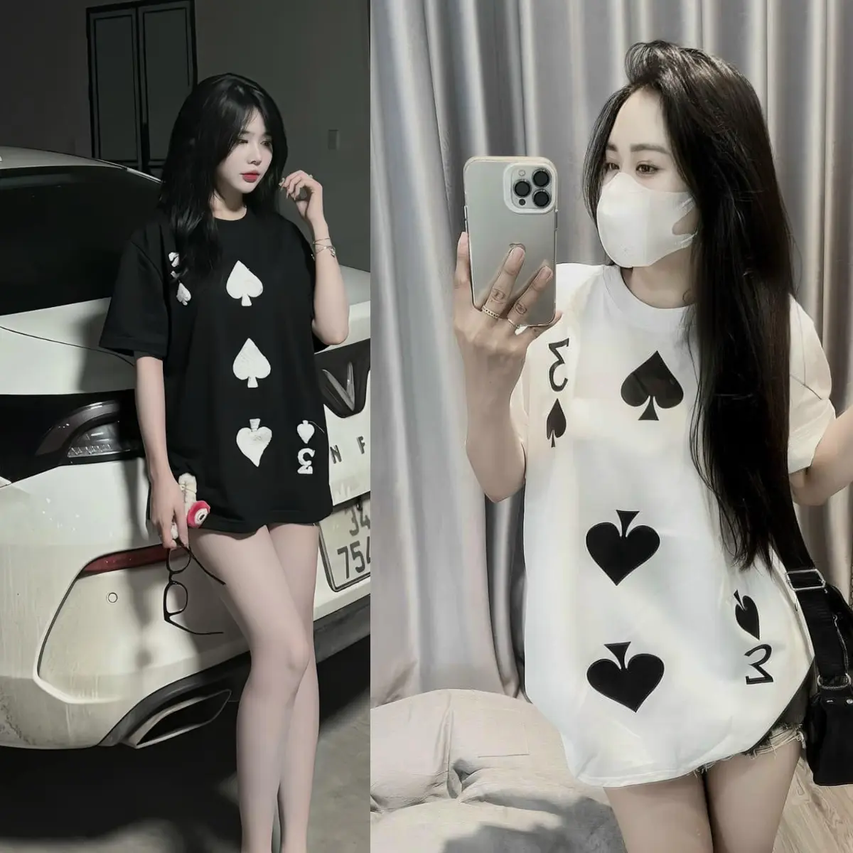 Áo Lá Bài 3 Bích In Nổi From Rộng Mặc Nhóm Cực Chất Nữ Women Cổ Tròn