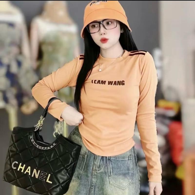 Áo Thun nữ Tay Dài Cổ Tròn In Chữ Thời Trang Hàng Mới Nữ Top Cotton Women Bò 4