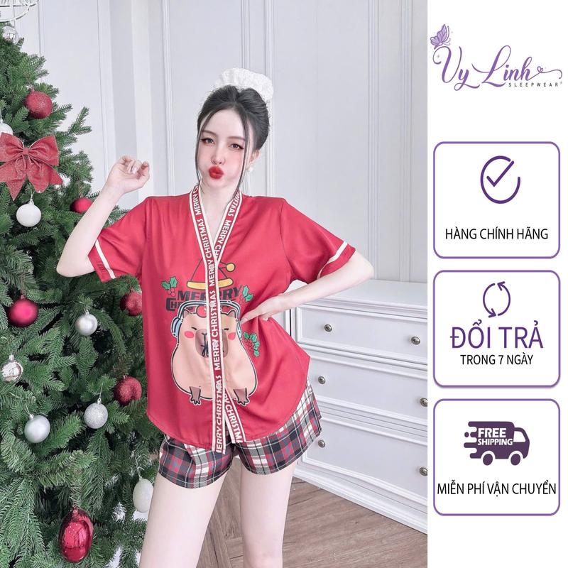 1103-Noel Bộ Đồ Ngủ Cổ Y Dành Cho Nữ Họa Tiết Dễ Thương Chất Liệu Vải Lụa Latin Nhẹ Mát