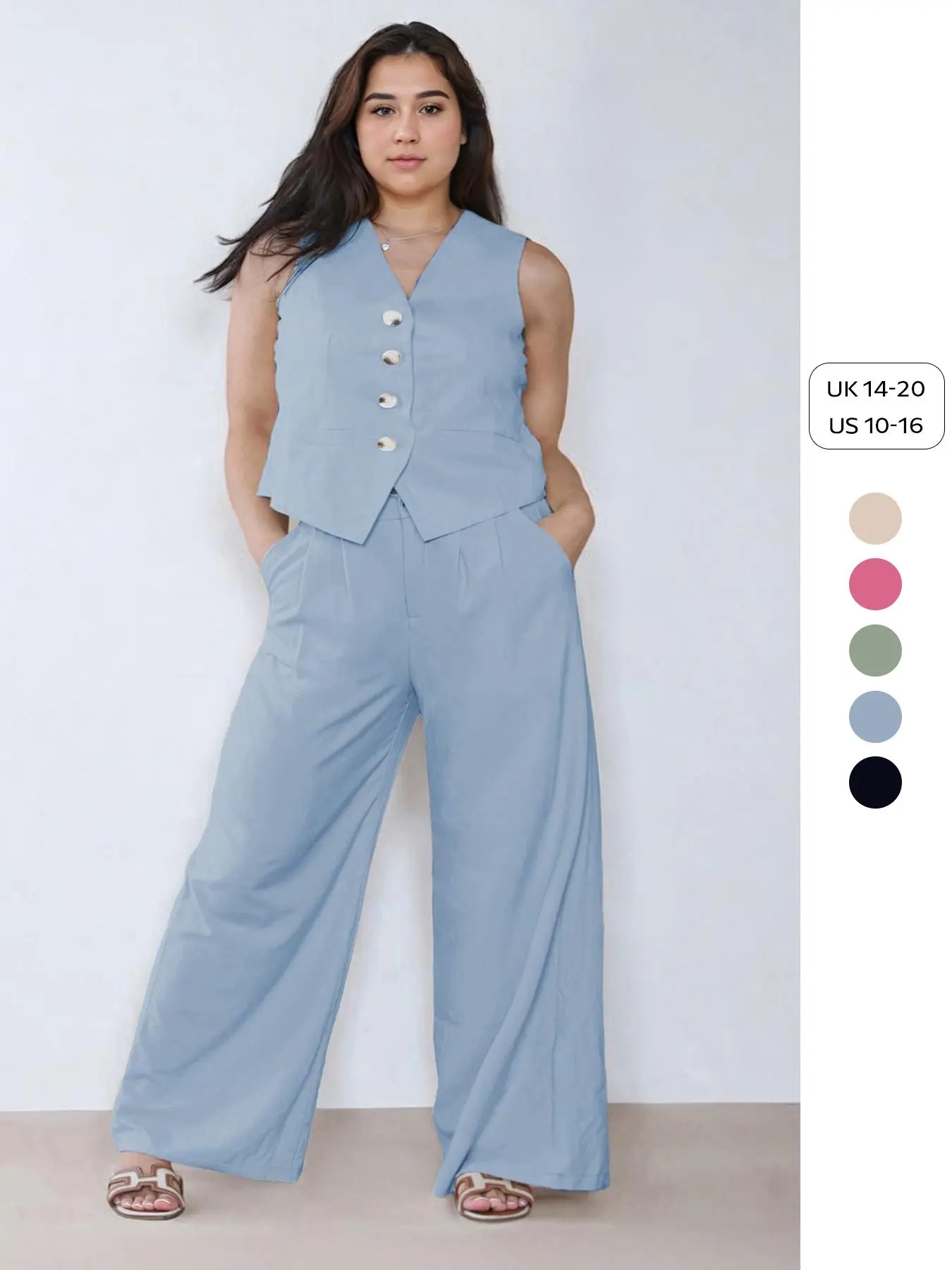 【Plus Size】Solid Color V Neck Tank Top & Wide Leg Trousers Set, Casual Comfy Two-piece for Daily Wear, Women's Clothing Sets for All Seasons