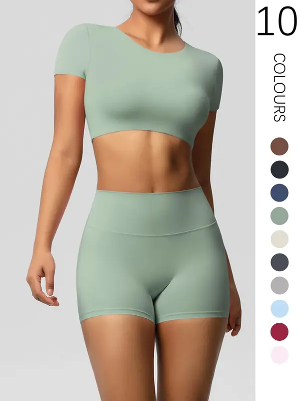 Two-Piece Set Women's Solid Ribbed Crop Top & High Waist Shorts Tracksuit Set, Breathable Comfortable Seamless for Yoga Gym Workout Running, Ladies Sportswear for All Seasons 5