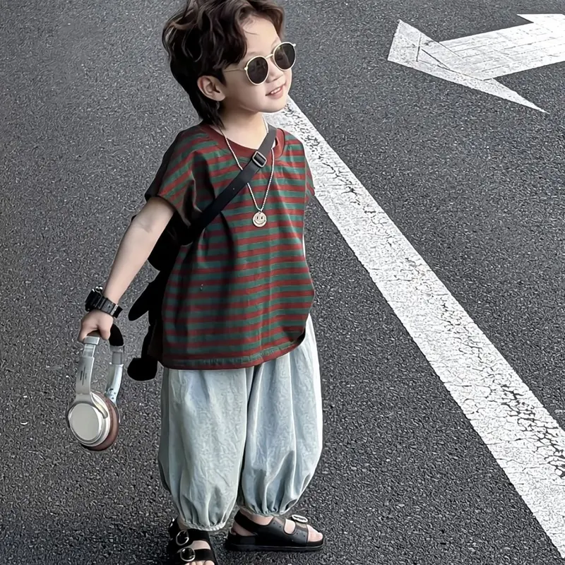 Bộ Quần Áo Trẻ Em, Phong Cách Hàn Quốc, Dành Cho Bé Trai Và Bé Gái, Áo Phông Và Quần Chống Muỗi Dáng Rộng, Bộ Áo Phông Khối Màu, Hợp Xu hướng, Mùa Hè 2024 2