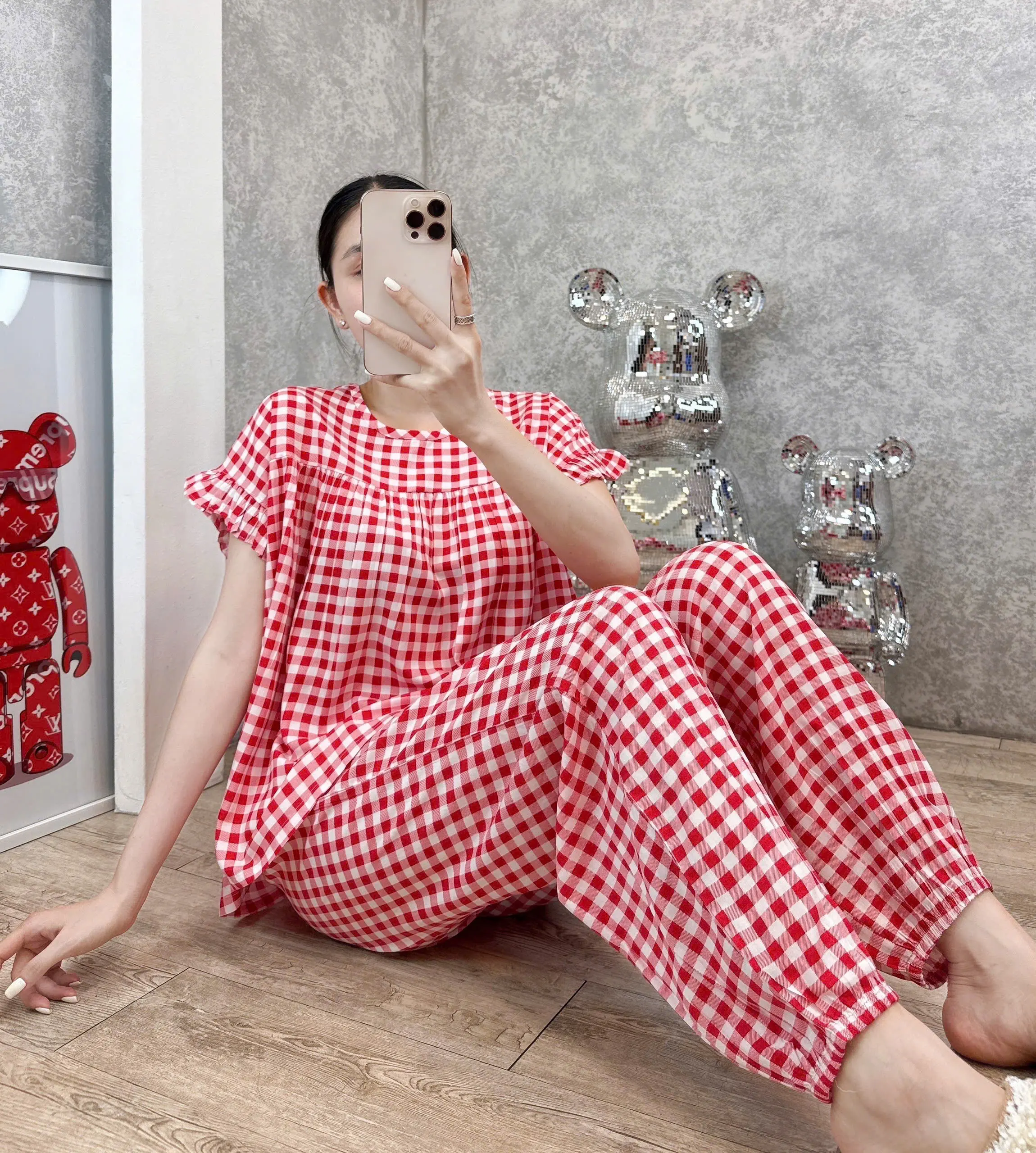 [43-70kg) Bộ Tole Lanh Babydoll quần dài Bo Nữ Women Áo Top