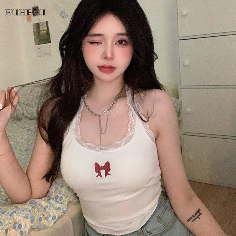 Product Introduction of Women's fashion sweet and cute vest lace edge bow embroidery halter neck vest summerbackless sleeveless crop top streetwear simple versatile fabric soft 26
