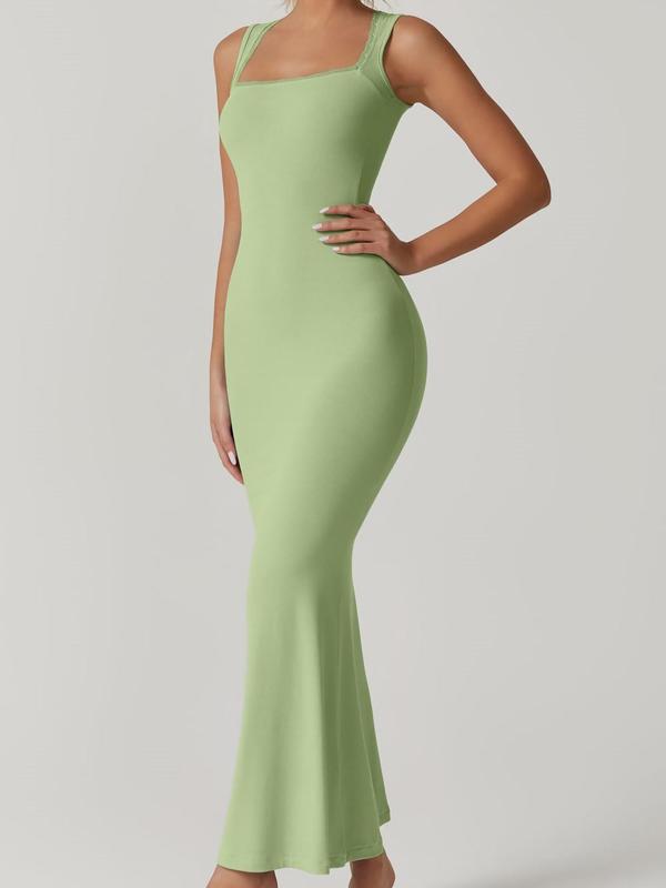 Women's Solid Contrast Lace Square Neck Party Dress, Elegant Sleeveless Long Dress for Party Banquet, Ladies Clothes for All Seasons 8