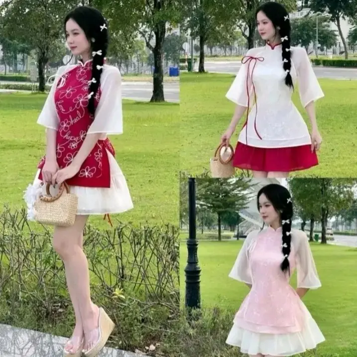 SÉT ÁO DÀI CÁCH TÂN THÊU HOA ĐÍNH NƠ KÈM CHÂN VÁY XÒE TRẺ TRUNG MẶC TẾT SIÊU XINH  CÓ 3 MÀU,3 SIZE S,M,L Women